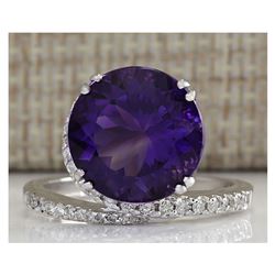 9.22CTW Natural Amethyst And Diamond Ring In 14K Solid White Gold