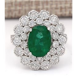 4.43 CTW Natural Emerald And Diamond Ring In 18K White Gold
