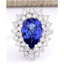 6.21 CTW Natural Blue Tanzanite And Diamond Ring 18K Solid White Gold