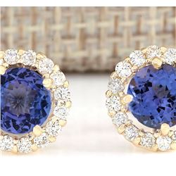 2.65 CTW Natural Blue Tanzanite And Diamond Earrings 18K Solid Yellow Gold