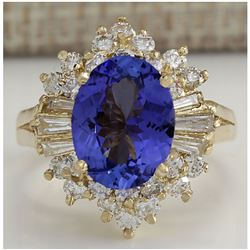 4.62 CTW Natural Blue Tanzanite And Diamond Ring 14K Solid Yellow Gold