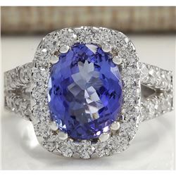 5.62 CTW Natural Blue Tanzanite And Diamond Ring 14K Solid White Gold