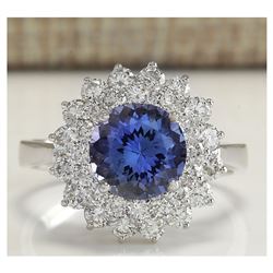 3.45 CTW Natural Blue Tanzanite And Diamond Ring In 18K White Gold