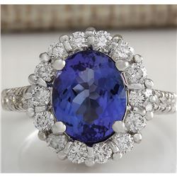 4.68 CTW Natural Blue Tanzanite And Diamond Ring 18K Solid White Gold