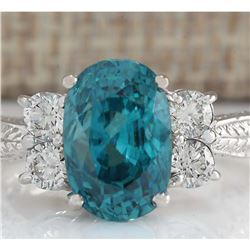 7.07 CTW Natural Blue Zircon And Diamond Ring 18K Solid White Gold