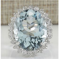 13.42 CTW Natural Blue Aquamarine And Diamond Ring In 14K White Gold