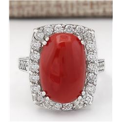 9.86 CTW Natural Coral And Diamond Ring In 18K White Gold