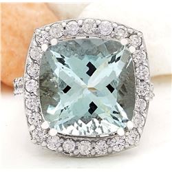 11.10 CTW Natural Aquamarine 18K Solid White Gold Diamond Ring