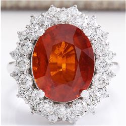 12.03 CTW Natural Mandarin Garnet And Diamond Ring 18K Solid White Gold
