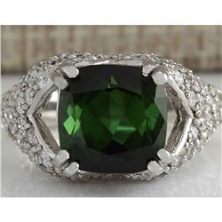 7.93 CTW Natural Green Tourmaline And Diamond Ring 18K Solid White Gold