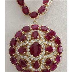 55.35 CTW Natural Ruby And Diamond Necklace In 18K Yellow Gold