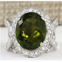 12.80 CTW Natural Green Tourmaline And Diamond Ring 18K Solid White Gold