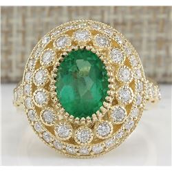 3.16 CTW Natural Colombian Emerald And Diamond Ring In 18K Yellow Gold