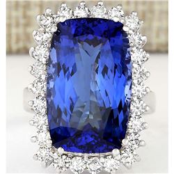 17.50 CTW Natural Tanzanite And Diamond Ring In 18K White Gold
