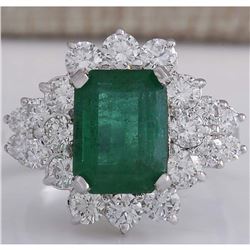 4.58 CTW Natural Emerald And Diamond Ring 18K Solid White Gold