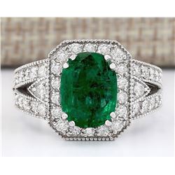 3.38 CTW Natural Emerald And Diamond Ring In 14k White Gold