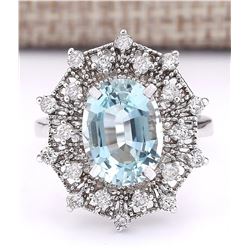 4.32 CTW Natural Aquamarine And Diamond Ring In 18K White Gold