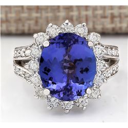 7.33 CTW Natural Blue Tanzanite And Diamond Ring 18K Solid White Gold