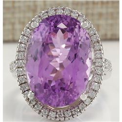 26.68 CTW Natural Kunzite And Diamond Ring 14K Solid White Gold