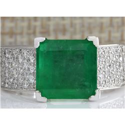 5.66 CTW Natural Emerald And Diamond Ring 18K Solid White Gold