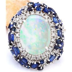 21.25 CTW Natural Opal, Sapphire 18K Solid White Gold Diamond Ring