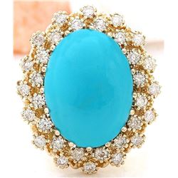 9.60 CTW Natural Turquoise 18K Solid Yellow Gold Diamond Ring