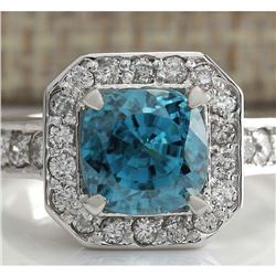 5.85 CTW Natural Blue Zircon And Diamond Ring 18K Solid White Gold
