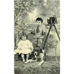 Antique / Vintage Postcard Photo Camera Kids Dog