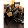 Image 1 : 4 ASSORTED WOOD FRAME PADDED CHAIRS AND BLACK MID BACK OFFICE CHAIR
