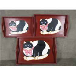 Set of 3 Wood Trays with Cat Pictures