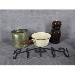 Brown Bottle, Ceramic Pot, Metal Hanger, Brass Pot
