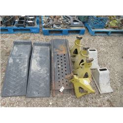 2 Sets Car Ramps 1) Poly 1) Steel, 4 -6 Ton Stabilizing Jacks, Set of 2 Tire Wedges