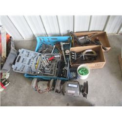 Socket Sets, Wrenches, 3/4" Ratchet, 2 Bench Grinders, Spade Bit, Hammer, Wood Planer