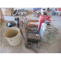 License Plates, Saws, Horse Shoes, Military Gas Cans, Ammo Box, Old Radio, Lantern, 5 Gal Crocks, Wa