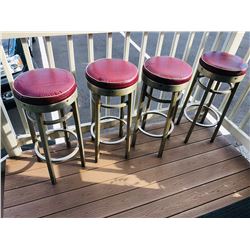 Four Modern Aluminum Stools With Original Red Upholstered Cushions