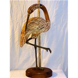 Flamingo Carved in Wood and Brass Sculpture