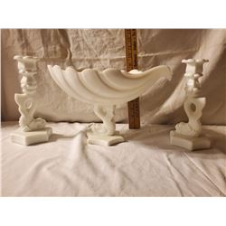 Westmoreland Milk Glass Dolphin Fish Shell with Candle Holders