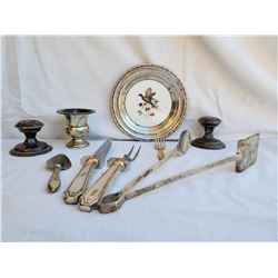 Vintage Sterling Silver Plate with Pheasant Bird and Serving Utensils