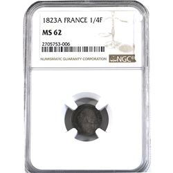 France 1823-A 1/4 Franc NGC Certified MS-62 Louis XVIII, strong strike with attractive patina