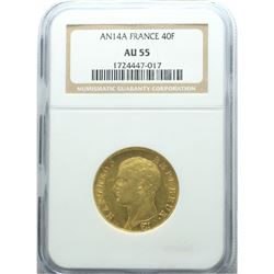 France AN14A Gold 40 Franc NGC Certified AU-55