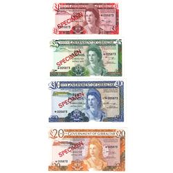 Unique 1975 Government of Gibraltar 4 note Specimen Set. The set features 1, 5, 10, & 20 Pound notes