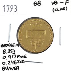 Great Britain 1793 Gold Guinea, George III. Coin is in VG-F condition, weighs 8.35g and is 0.916 Fin