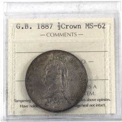 Great Britain 1887 1/2 Crown ICCS Certified MS-62, light consistent olive green & light grey toning