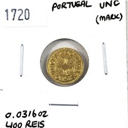 Portugal 1720 Gold 400 Reis in UNC Condition (mark). Contains 0.031602 oz. Attractive coin with bold