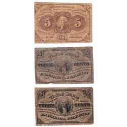 United States Lot of 3 Fractional Currency notes. Lot includes: 2x 1863 3-cent, FR#1226 Light Backgr