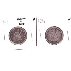 United States 1853 25-cent Arrows + Rays in Fine & 1854 in VF Seated Liberty 25-cent.