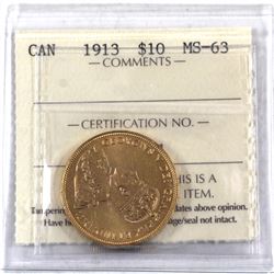 Canada 1913 $10 Gold ICCS Certified MS-63.