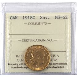 Canada 1918-C Gold Sovereign ICCS Certified MS-62! Coin is 22K Pure and contains 0.2354 oz. of Pure