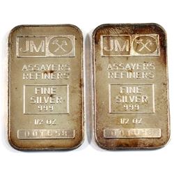 2x Johnson Matthey 1/2oz Fine Silver Bars with 'Blank' Reverse (TAX Exempt). Serial #001656, and #00