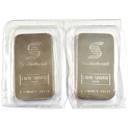 2x Consecutive Johnson Matthey 'Scotiabank' 1oz Fine Silver Bars (TAX Exempt). Serial #002786, #0027